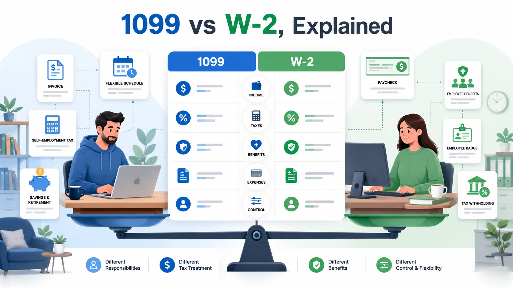 A side-by-side comparison of 1099 contractor and W-2 employee work