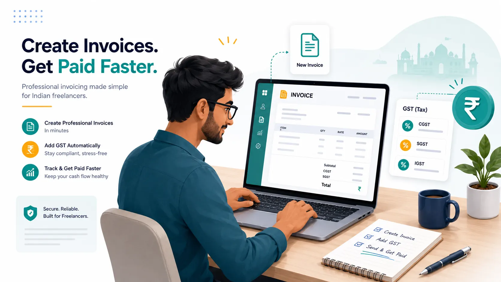 An Indian freelancer creating a GST invoice with CGST, SGST, and IGST