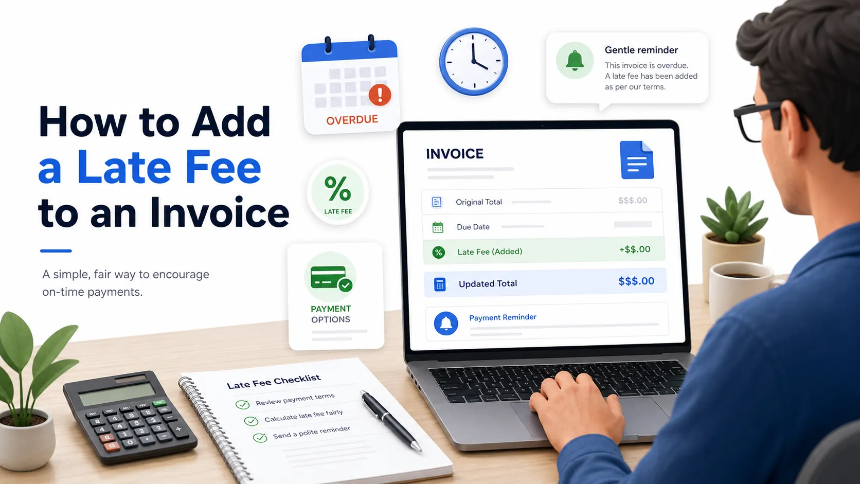 An overdue invoice with a late fee added to the balance
