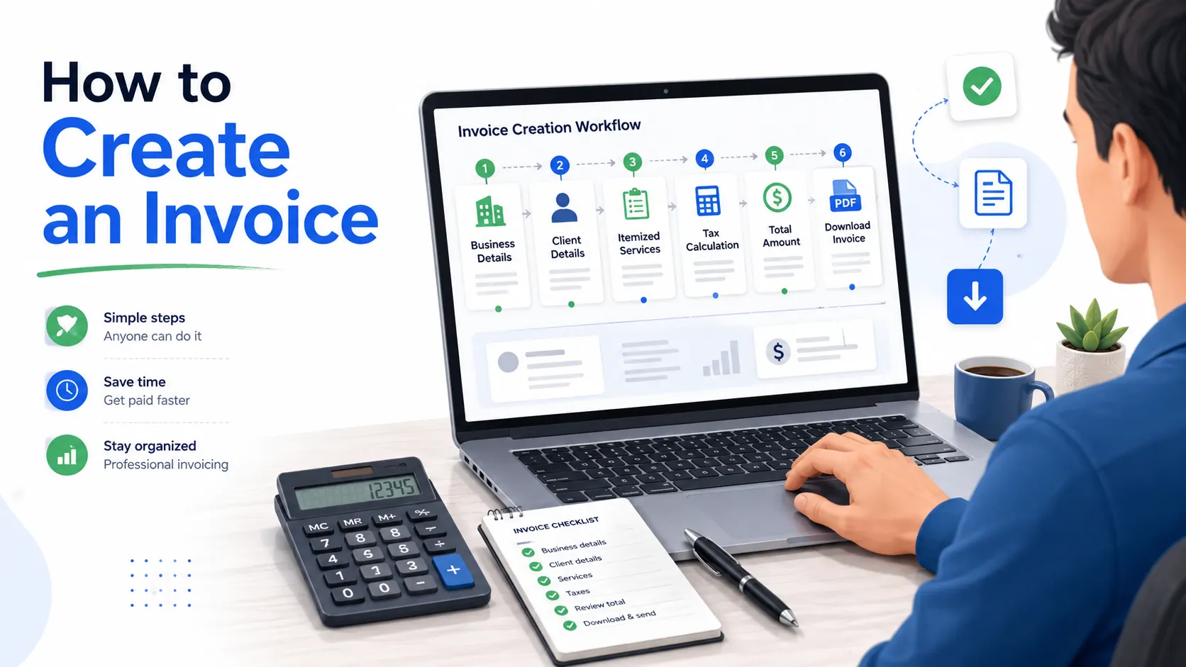 A freelancer creating a professional invoice on a laptop